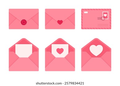 Set of pink envelope, seal, stamp, love letter with heart symbols. Valentine's Day, romance, romantic message, card, note concept. Flat vector illustration isolated on white background with copy space