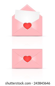 Set of pink envelopes with red Valentines heart, illustration.