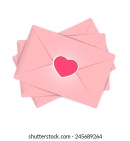 Set of pink envelopes with Valentines heart, illustration.
