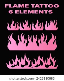 Set of pink fire flames on a dark background. Vector illustration for flash tattoo and stickers.