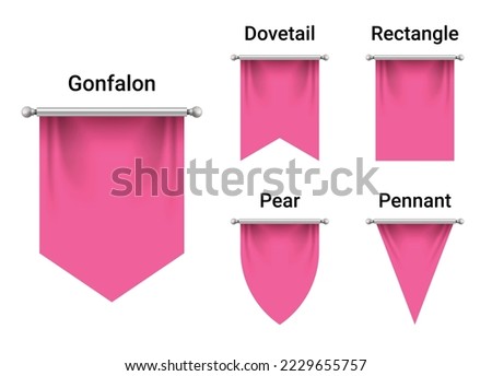 Set of Pink Flags mockup isolated on white background. Empty 3D Pennant Blank. Realistic Illustration.