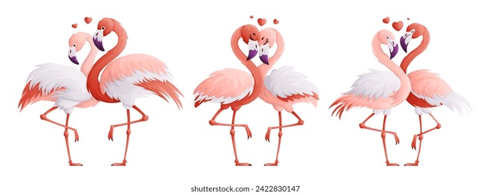 Set of pink flamingo lovers. A couple of the flamingo family, a symbol of love and devotion to each other. Cartoon style