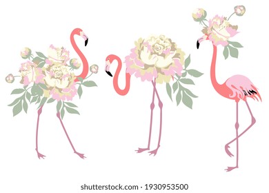 Set of pink flamingo with peony flower. Abstract birds. Simple flat style. Vector illustration.