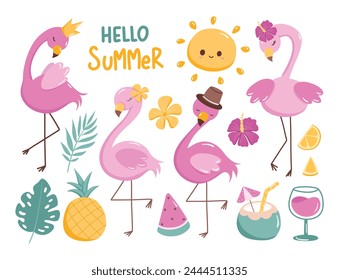 Set of Pink Flamingo and Summer Elements Clipart