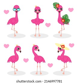 Juego de flamencos rosados en diferentes poses Cartoon, Cuta colección de flamencos aislados de ave exótica Ilustración vectorial, impresión para textiles, embalaje, postal