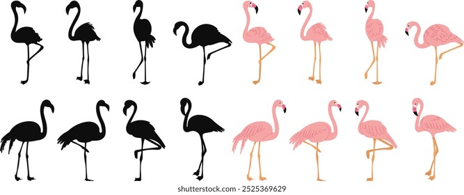 Set of pink flamingos in flat style on white background, vector