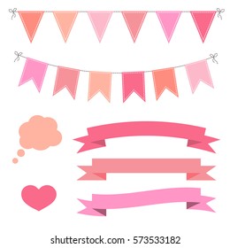 Set of pink flat buntings garlands, flags, ribbons, heart and speech bubble. Celebration decor, Valentines Day.