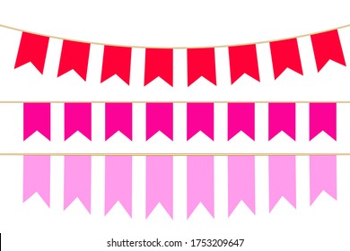 Set Of Pink Flat Holiday Flags Isolated On White Background. Vector Illustration With Ribbons. Happy Birthday Banner.