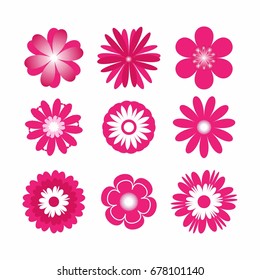 Set of pink flat icon flower isolated on white background