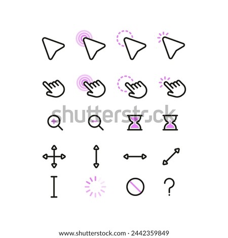 A set of pink flat simple cursor icons. Minimalistic flat mouse cursor, pointer, hand, zoom in, zoom out.