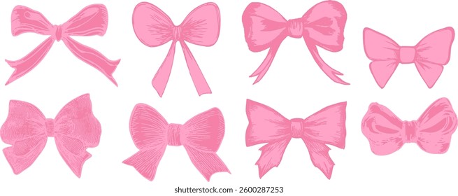 Set of pink flirty vintage satin bows.Y2k aesthetic ribbon, elegant accessory, pastel tie isolated on white background.