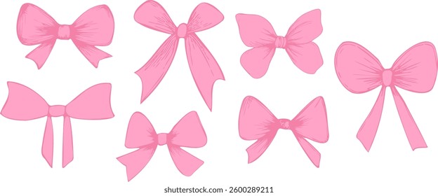 Set of pink flirty vintage satin bows.Y2k aesthetic ribbon, elegant accessory, pastel tie isolated on white background.
