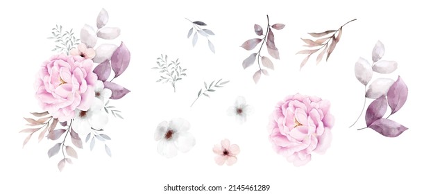 Set of pink floral bouquet watercolor elements isolated on white background. Botanical illustration collection of flower, leaves, and branches.