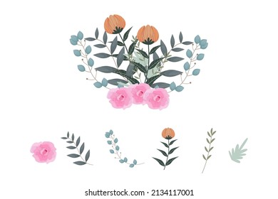 Set of pink floral elements and arrangements