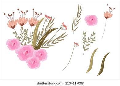 Conjunto de elementos y arreglos florales de color rosa