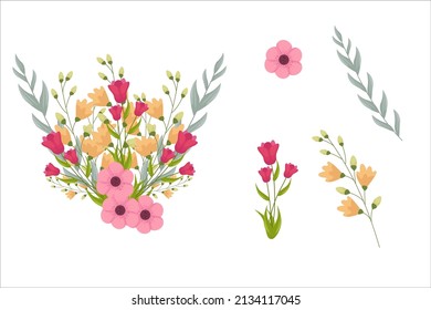 Set of pink floral elements and arrangements