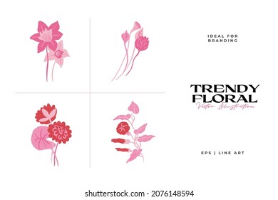 Set of pink floral elements. Flower and green leaves.Modern trendy Matisse minimal style.  Floral poster, invite. Vector arrangements for greeting card or invitation design