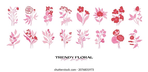 Set of pink floral elements. Flower and green leaves.Modern trendy Matisse minimal style.  Floral poster, invite. Vector arrangements for greeting card or invitation design