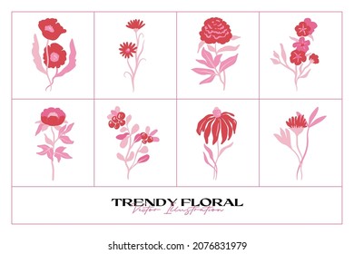 Set von rosafarbenen Blumenelementen. Blume und grüne Blätter. Moderne Trendmotive Matisse minimalistischer Stil.  Blumenposter, lade ein. Vektorgrafik-Arrangements für Grußkarten oder Einladungen