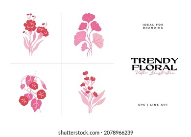 Set of pink floral elements. Flower and green leaves.Modern trendy Matisse minimal style.  Floral poster, invite. Vector arrangements for greeting card or invitation design