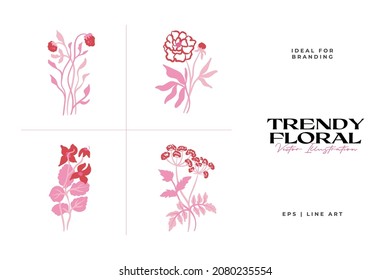 Set of pink floral elements. Flower and green leaves.Modern trendy Matisse minimal style.  Floral poster, invite. Vector arrangements for greeting card or invitation design
