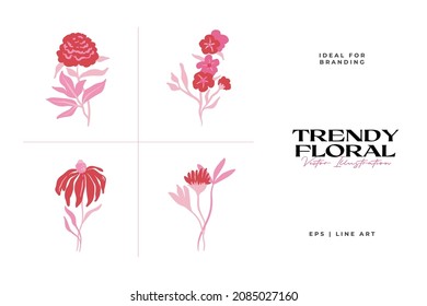 Set von rosafarbenen Blumenelementen. Blume und grüne Blätter. Moderne Trendmotive Matisse minimalistischer Stil.  Blumenposter, lade ein. Vektorgrafik-Arrangements für Grußkarten oder Einladungen