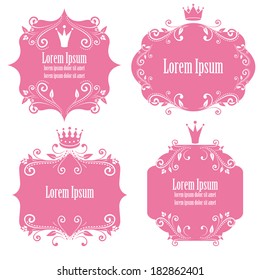 set of pink floral frames with crowns isolated on white background. design elements for little princess, glamour girl and woman. can use for birthday card, wedding invitations. vector illustration.