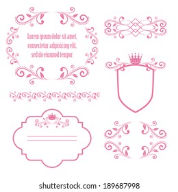 set of pink floral frames with crowns isolated on white background. design elements for little princess, glamour girl and woman. can use for birthday card, wedding invitations. vector illustration. 