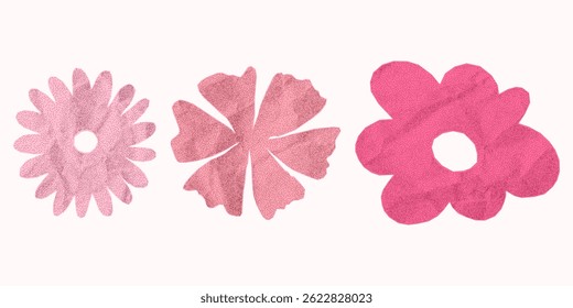 Set of pink floral silhouettes with crumpled paper texture on white background. Stickers cut from notebook sheet with jagged torn edges, dotted gritty texture, halftone details.