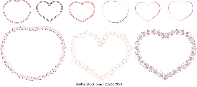 Set of pink flower frames in the shape of a heart for Valentine's day