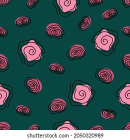 Set of pink flowers, buds. The vector Pattern is seamless with roses in a linear style with abstract spots on an emerald background. Floral background with roses. Beautiful rosebuds for decoration.