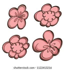 Set of pink flowers in doodle style. Vector illustration isolated on white background.
