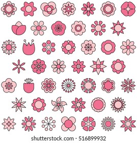 set of PINK FLOWERS filled line icons