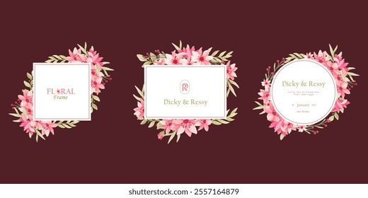 Set of Pink Flowers Frame Background Vector Collection. Flowers Arrangement Geometrical Frames. Beautiful Wreath Floral Wedding Logo Invitation Frame with Flowers. Border Frame for Wedding Element