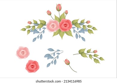 Set of pink flowers and green leaf clipart isolated