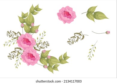 Set of pink flowers and green leaf clipart isolated