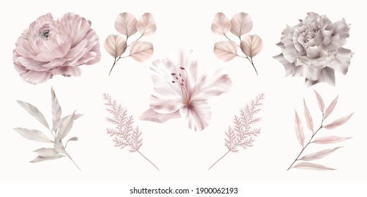 Set of pink flowers with pink leaves