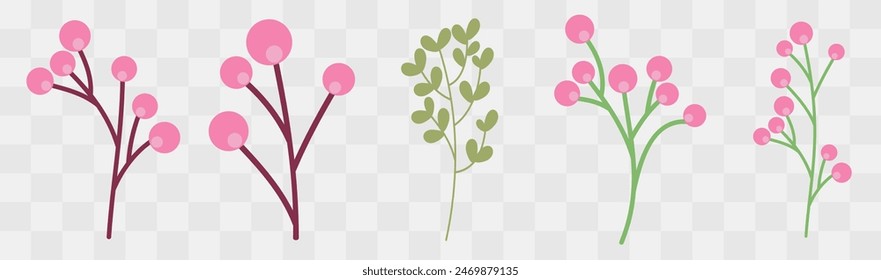 Set of pink flowers with leaves isolated on transparent background. Vector illustration.