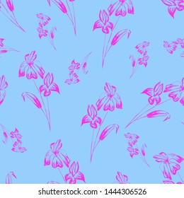 Set of pink flowers seamless pattern on blue background. Nature concept. Vector image