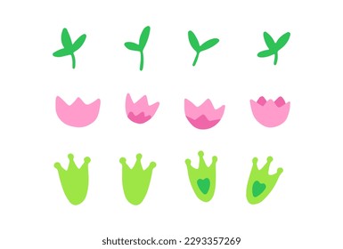 Set pink flowers, sprouts, frog legs. Swamp plants and lilies.
Vector children's naive hand-drawn illustration. Isolated on a white background.