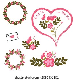 Set of Pink Flowers, Valentine Day, Collection, Cards Illustration, Invitation, Celebration, Wedding 