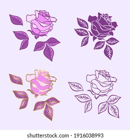 Flores rosas. Versiones vectoriales de la imagen en color, con doraduras y
 contorno monocromático. Diseñar elementos aislados del fondo. Elemento para crear diseño y decoración.