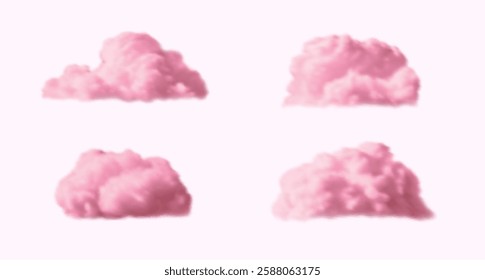 Set of pink fluffy clouds. Vector illustration. Realistic pastel colored soft clouds on pink background