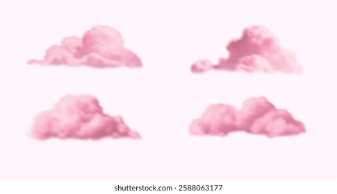 Set of pink fluffy clouds. Vector illustration. Realistic pastel colored soft clouds on pink background