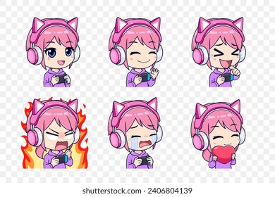 Set of pink gamer girls with face expression stickers or badges. Vector illustration