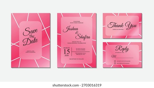Conjunto de cartões de convite de casamento de polígono geométrico rosa com salvar a data, obrigado, e modelos de resposta rsvp