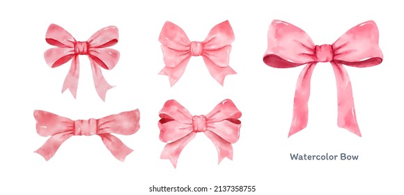 Set of Pink gift bow in watercolor style isolated on white background. Hand drawing decorative bow elements vector illustration