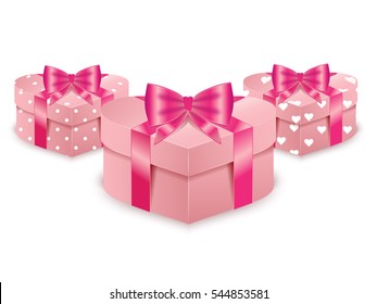 set of pink gift box in heart shape on white background