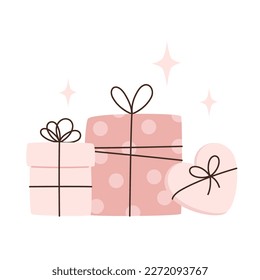 Set of pink gift boxes with bows in flat style