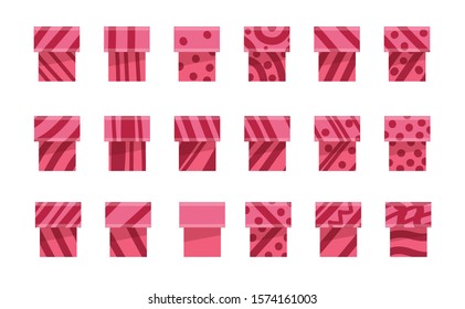 Set of pink gift boxes. Collection of elements for creating a festive design. Isolated image on a white background. Vector graphics. Flat style.